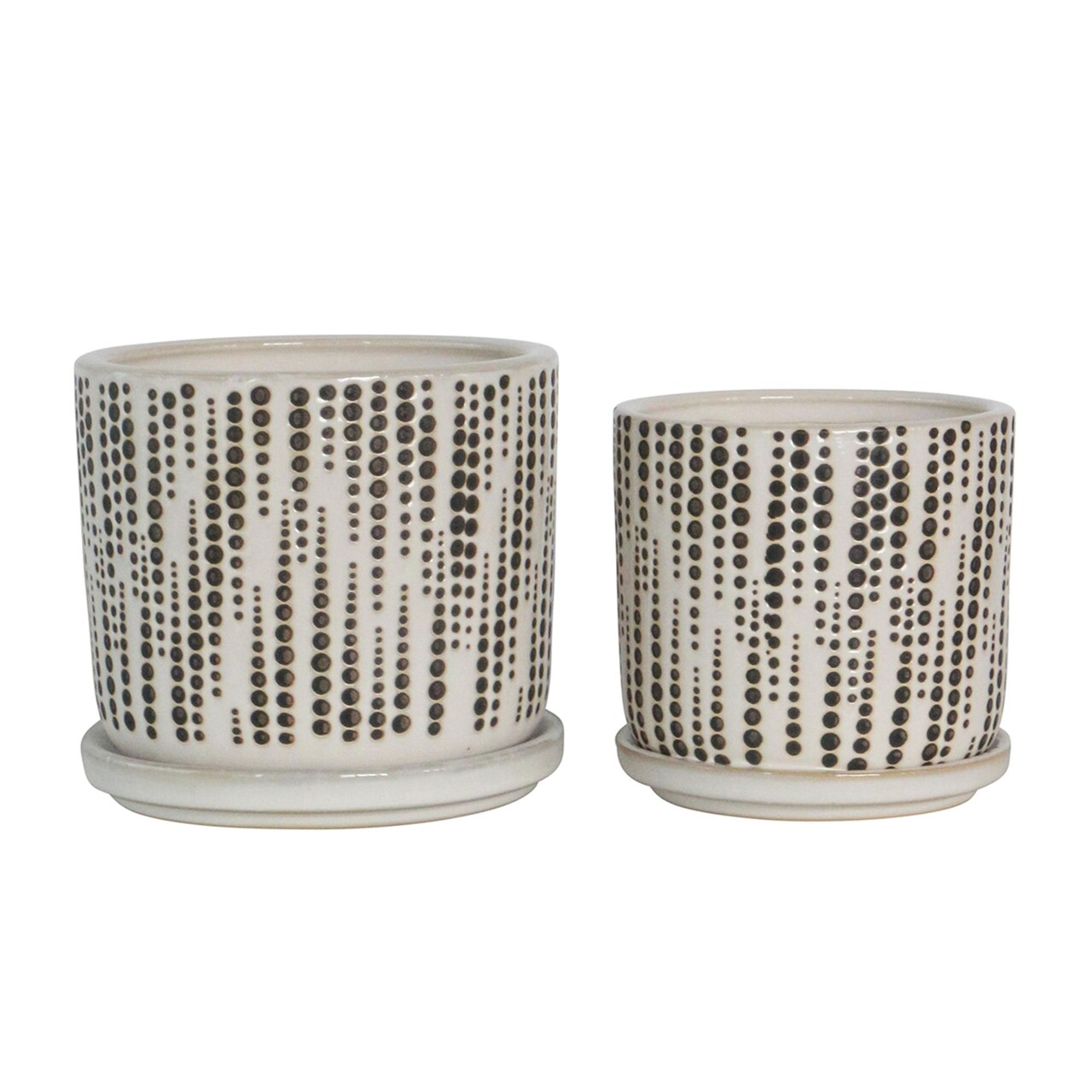 Kingston Living Dotted Ceramic Planters with Saucers - 6" - Beige and Black - Set of 2